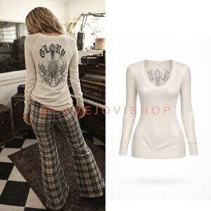 Whimsigoth | Faith Fine Knit Sweater | Old English Gothic Tattoo Back | Cream M